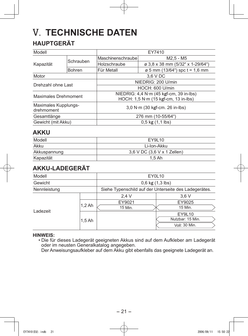 Technische daten, Hauptgerät, Akku | Akku-ladegerät | Panasonic EY7410LA2S User Manual | Page 21 / 104