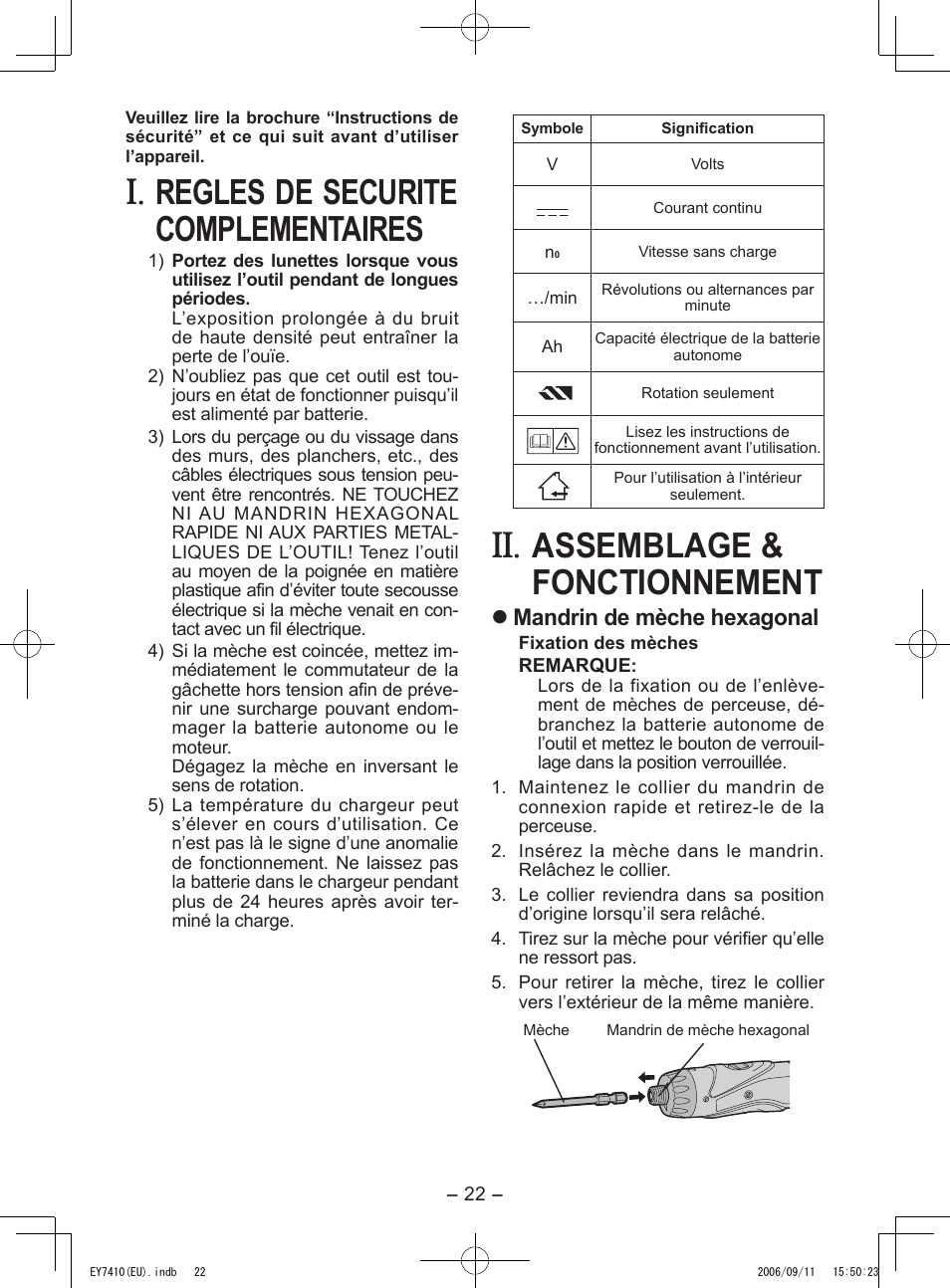 Regles de securite complementaires, Assemblage & fonctionnement, Mandrin de mèche hexagonal | Panasonic EY7410LA2S User Manual | Page 22 / 104