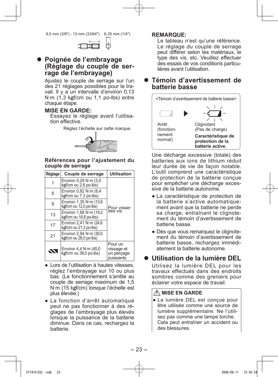 Témoin d’avertissement de batterie basse, Utilisation de la lumière del | Panasonic EY7410LA2S User Manual | Page 23 / 104