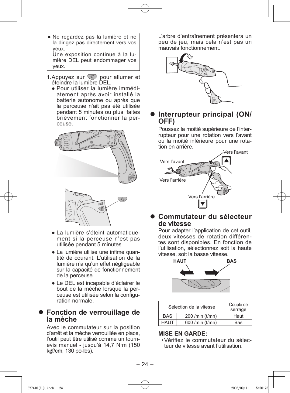 Fonction de verrouillage de la mèche, Interrupteur principal (on/ off), Commutateur du sélecteur de vitesse | Panasonic EY7410LA2S User Manual | Page 24 / 104
