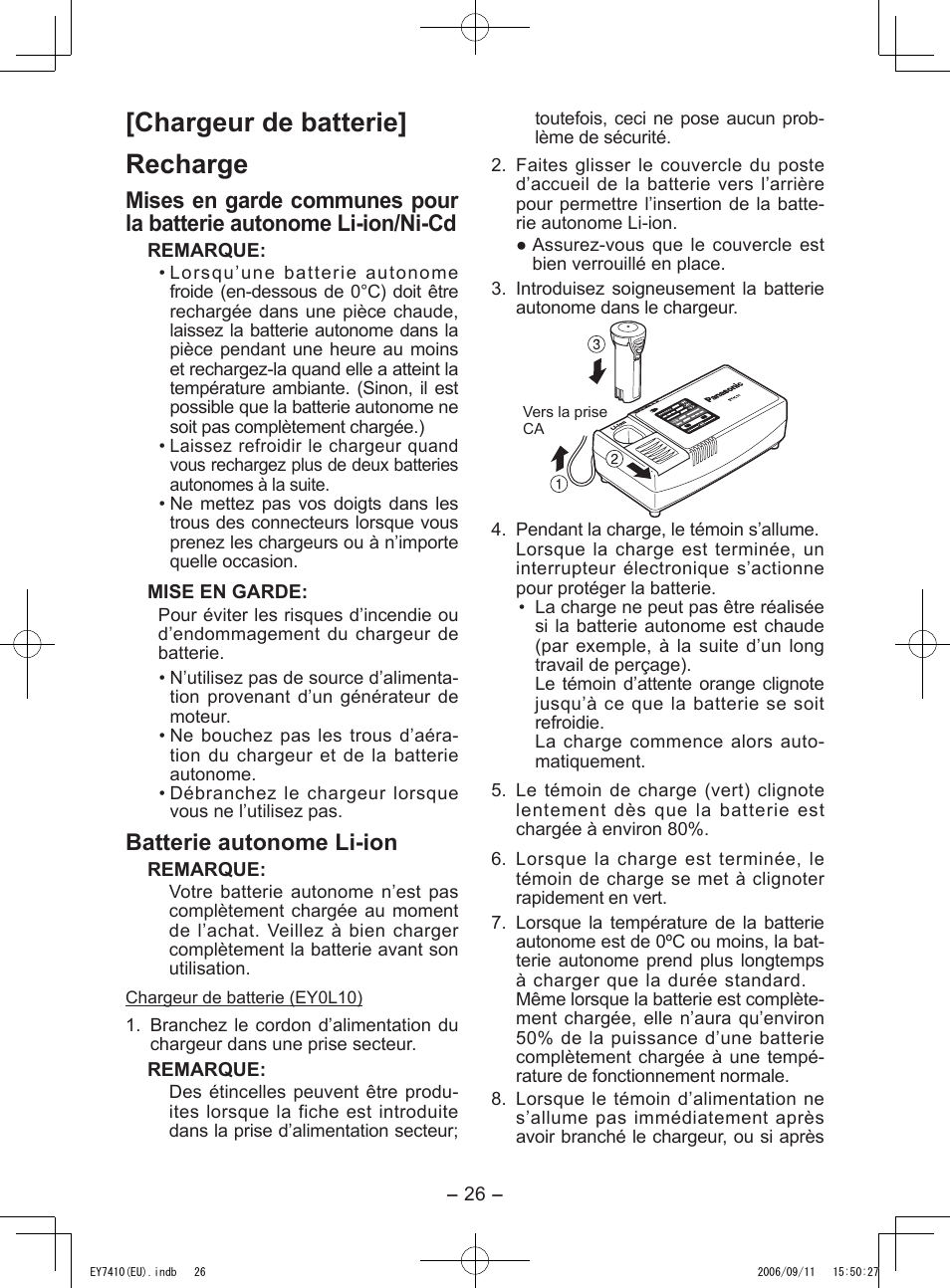 Chargeur de batterie] recharge, Batterie autonome li-ion | Panasonic EY7410LA2S User Manual | Page 26 / 104