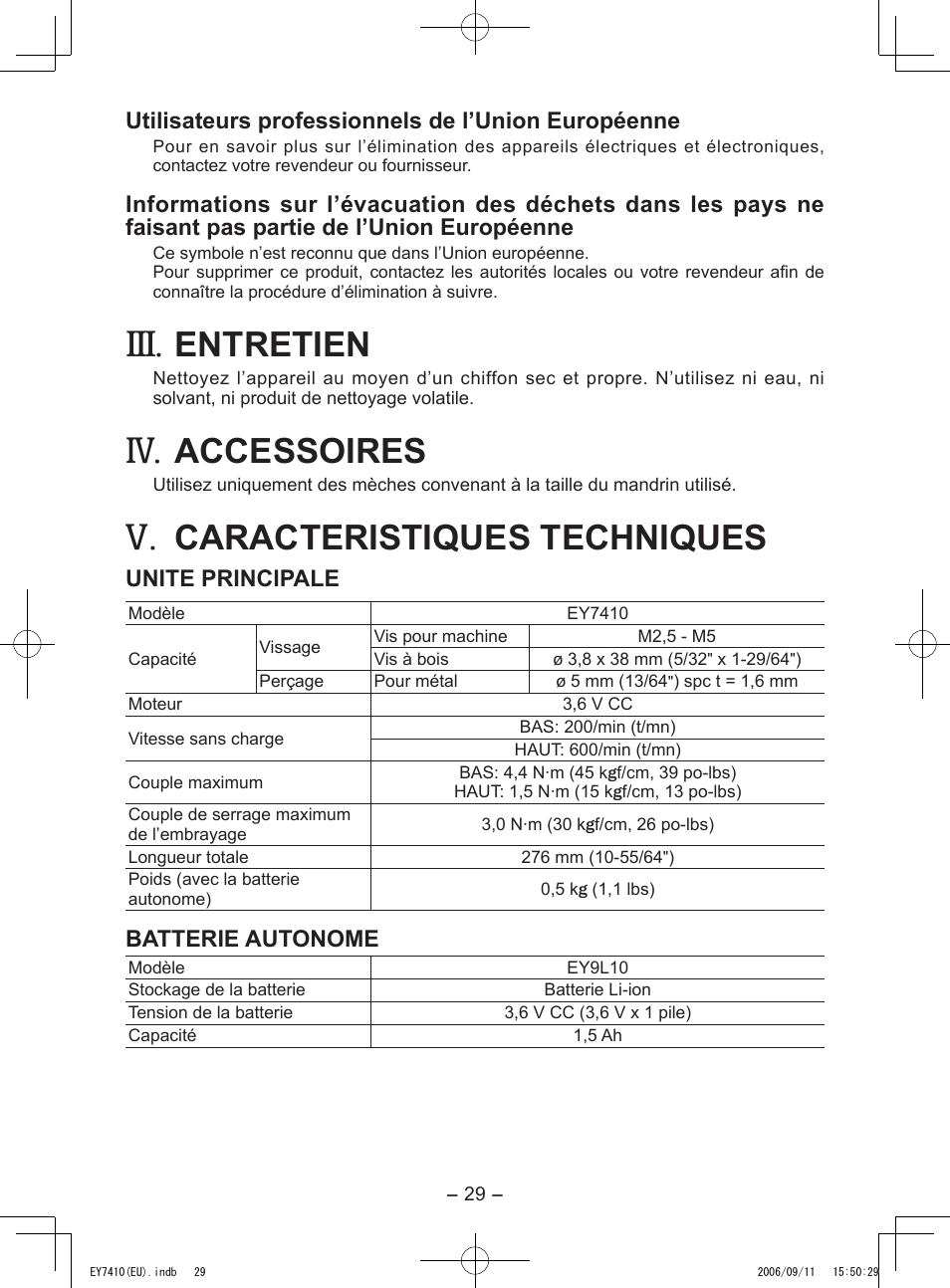 Entretien, Accessoires, Caracteristiques techniques | Panasonic EY7410LA2S User Manual | Page 29 / 104