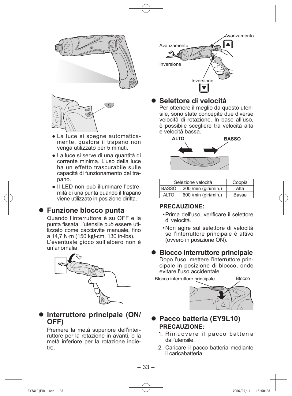 Funzione blocco punta, Interruttore principale (on/ off), Selettore di velocità | Blocco interruttore principale, Pacco batteria (ey9l10) | Panasonic EY7410LA2S User Manual | Page 33 / 104