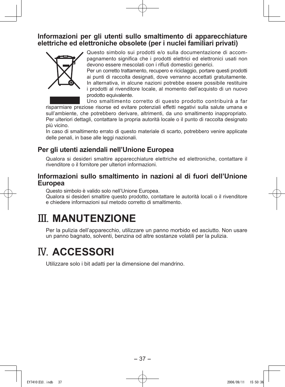Manutenzione, Accessori | Panasonic EY7410LA2S User Manual | Page 37 / 104