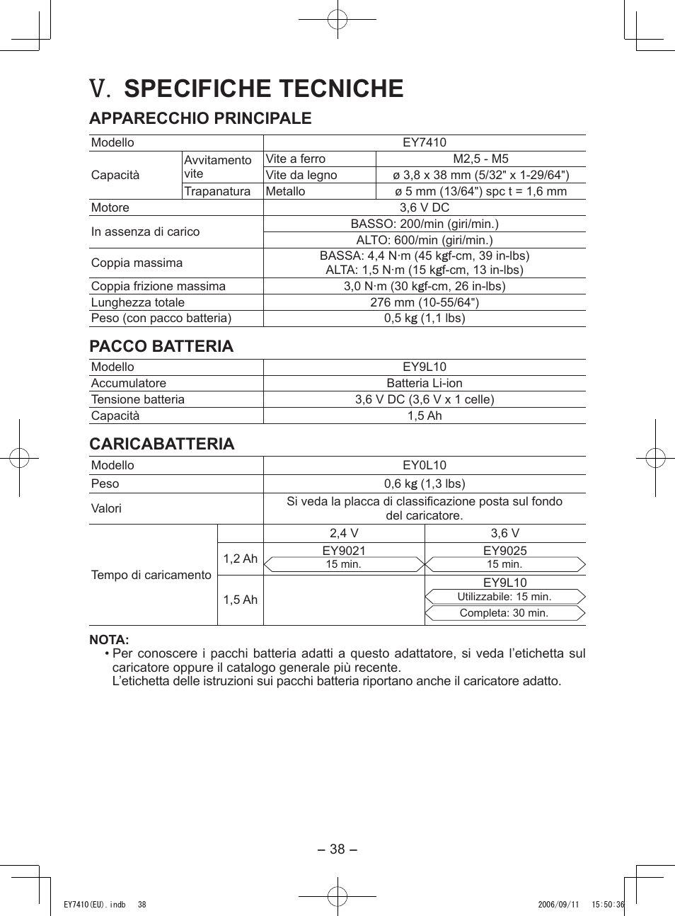 Specifiche tecniche, Apparecchio principale, Pacco batteria | Caricabatteria | Panasonic EY7410LA2S User Manual | Page 38 / 104