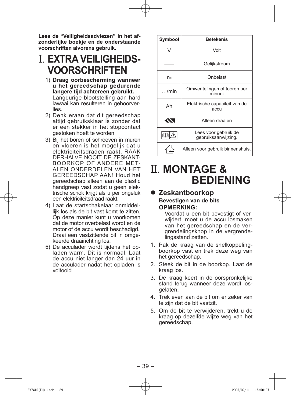Extra veiligheids- voorschriften, Montage & bediening, Zeskantboorkop | Panasonic EY7410LA2S User Manual | Page 39 / 104