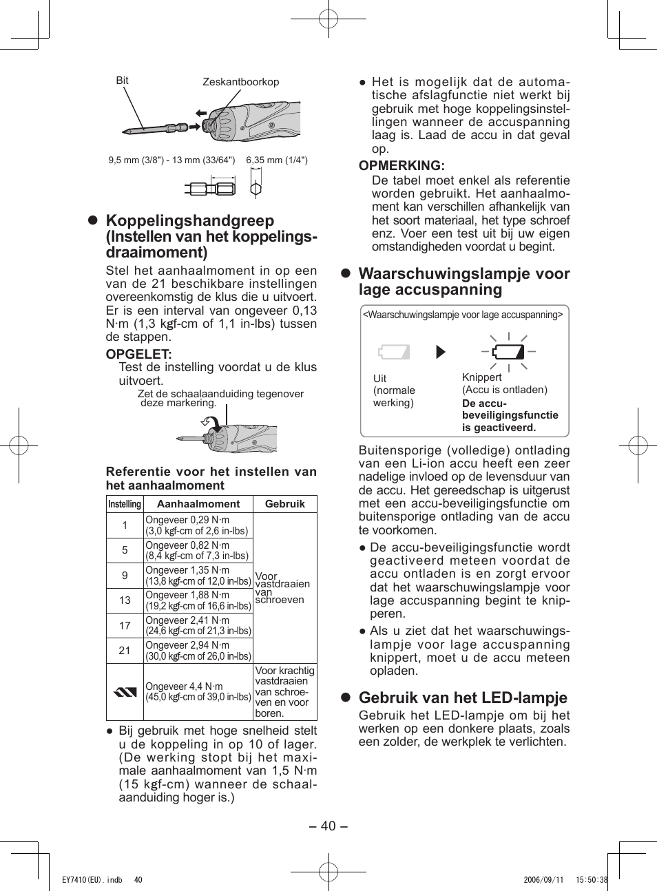 Waarschuwingslampje voor lage accuspanning, Gebruik van het led-lampje | Panasonic EY7410LA2S User Manual | Page 40 / 104