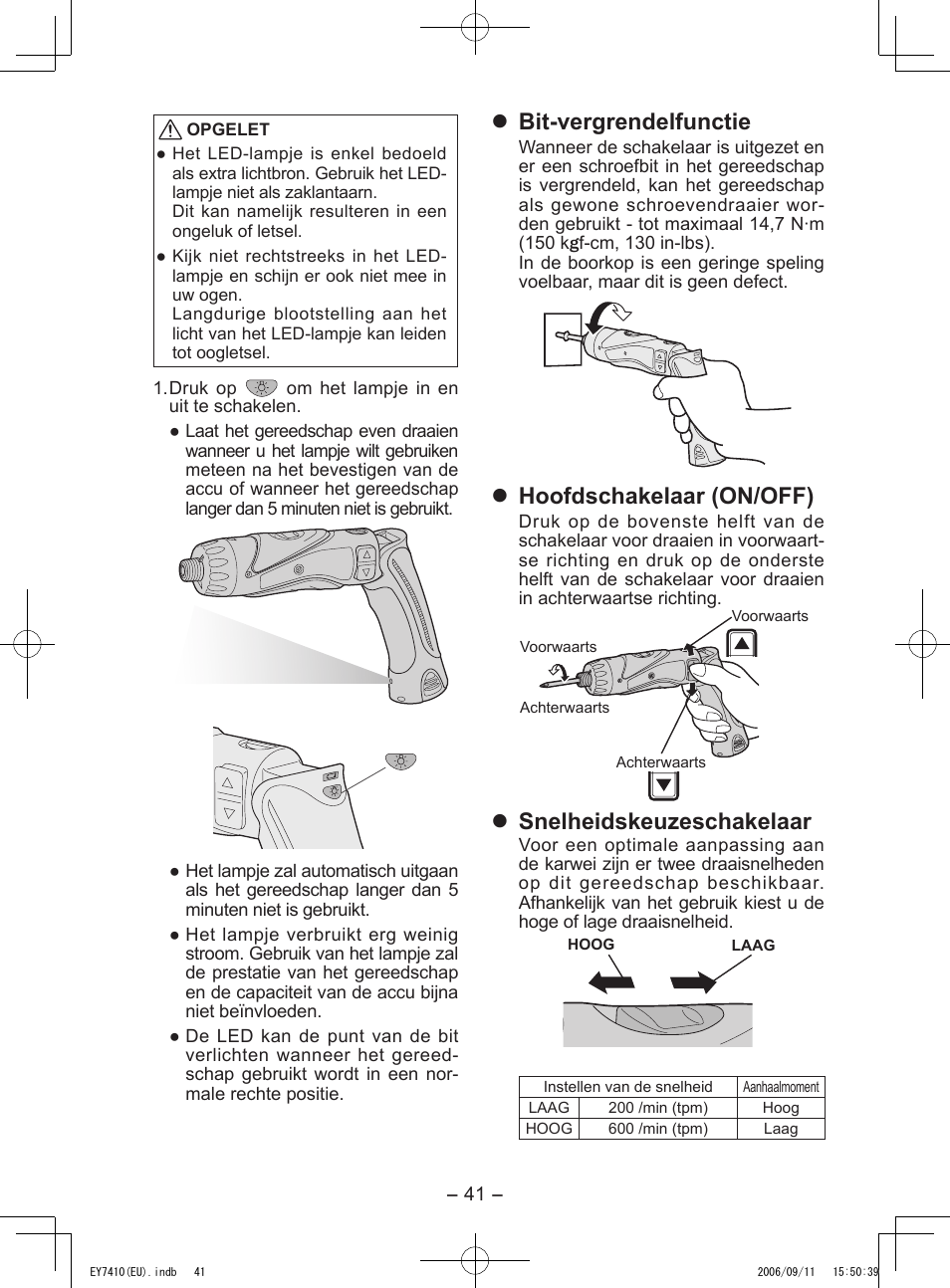 Bit-vergrendelfunctie, Hoofdschakelaar (on/off), Snelheidskeuzeschakelaar | Panasonic EY7410LA2S User Manual | Page 41 / 104