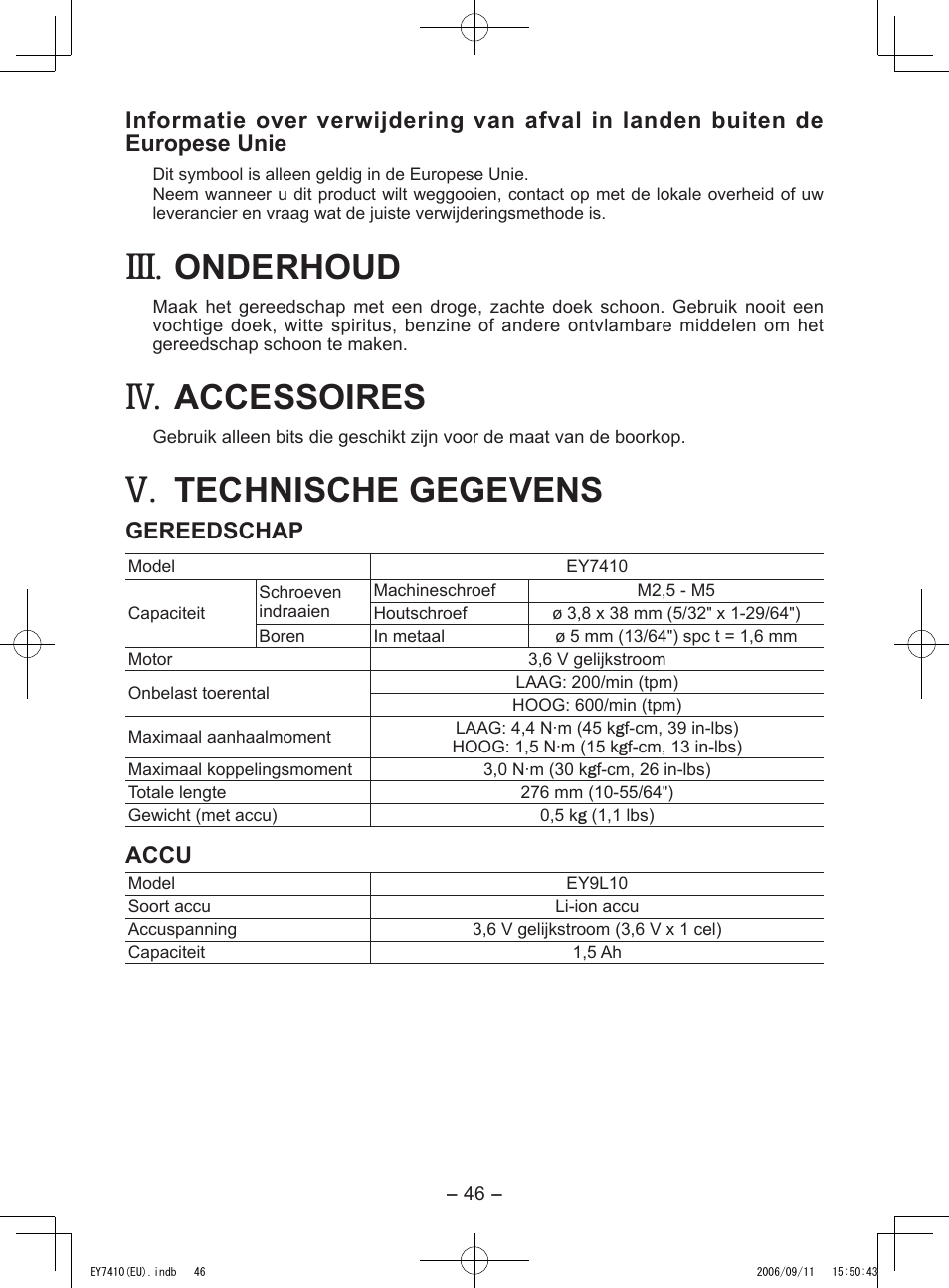 Onderhoud, Accessoires, Technische gegevens | Panasonic EY7410LA2S User Manual | Page 46 / 104