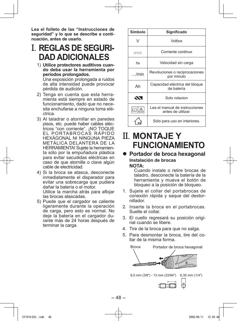 Reglas de seguri- dad adicionales, Montaje y funcionamiento, Portador de broca hexagonal | Panasonic EY7410LA2S User Manual | Page 48 / 104