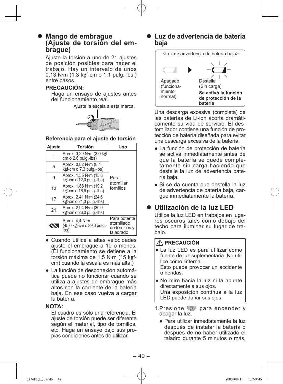 Luz de advertencia de batería baja, Utilización de la luz led | Panasonic EY7410LA2S User Manual | Page 49 / 104