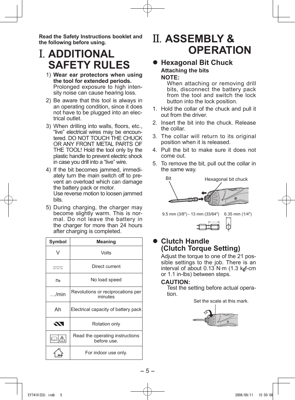 Additional safety rules, Assembly & operation, Hexagonal bit chuck | Clutch handle (clutch torque setting) | Panasonic EY7410LA2S User Manual | Page 5 / 104