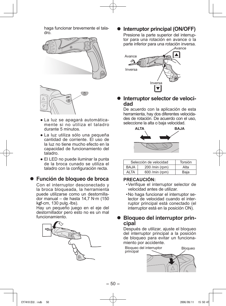 Función de bloqueo de broca, Interruptor principal (on/off), Interruptor selector de veloci- dad | Bloqueo del interruptor prin- cipal | Panasonic EY7410LA2S User Manual | Page 50 / 104
