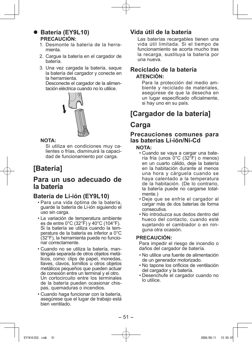 Batería] para un uso adecuado de la batería, Cargador de la batería] carga, Batería (ey9l10) | Batería de li-ión (ey9l10), Vida útil de la batería, Reciclado de la batería | Panasonic EY7410LA2S User Manual | Page 51 / 104