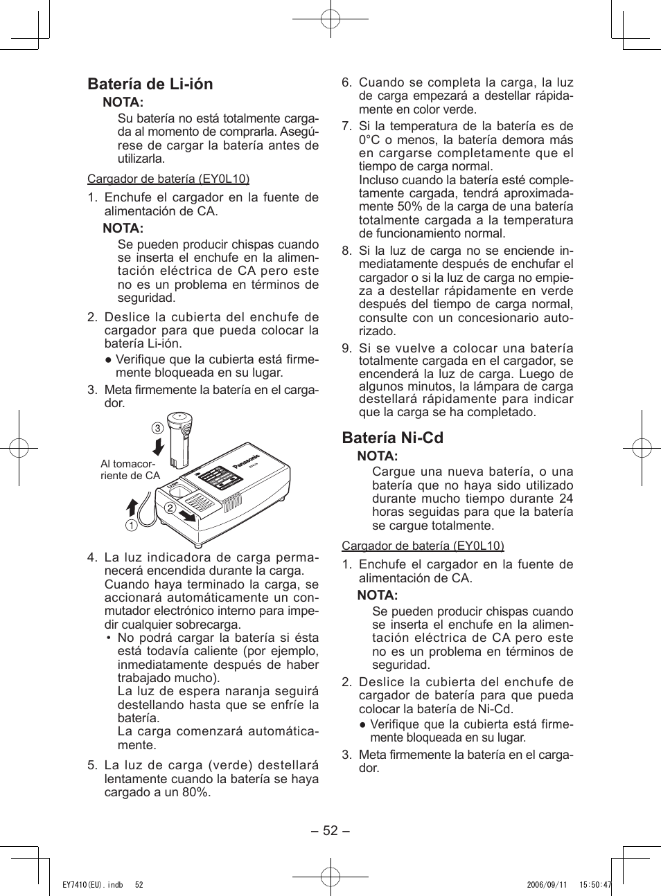 Batería de li-ión, Batería ni-cd | Panasonic EY7410LA2S User Manual | Page 52 / 104