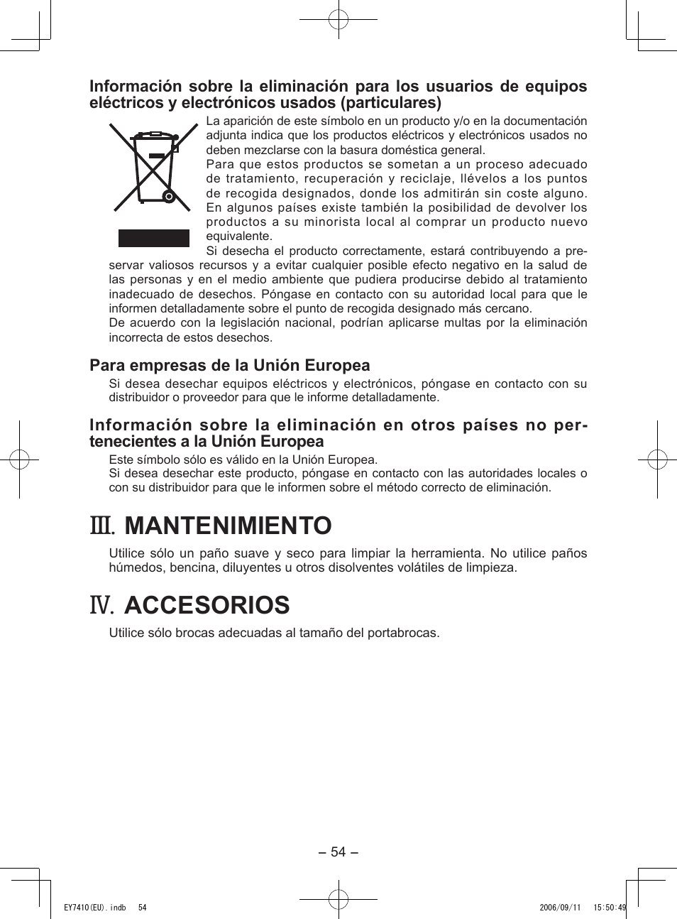 Mantenimiento, Accesorios | Panasonic EY7410LA2S User Manual | Page 54 / 104