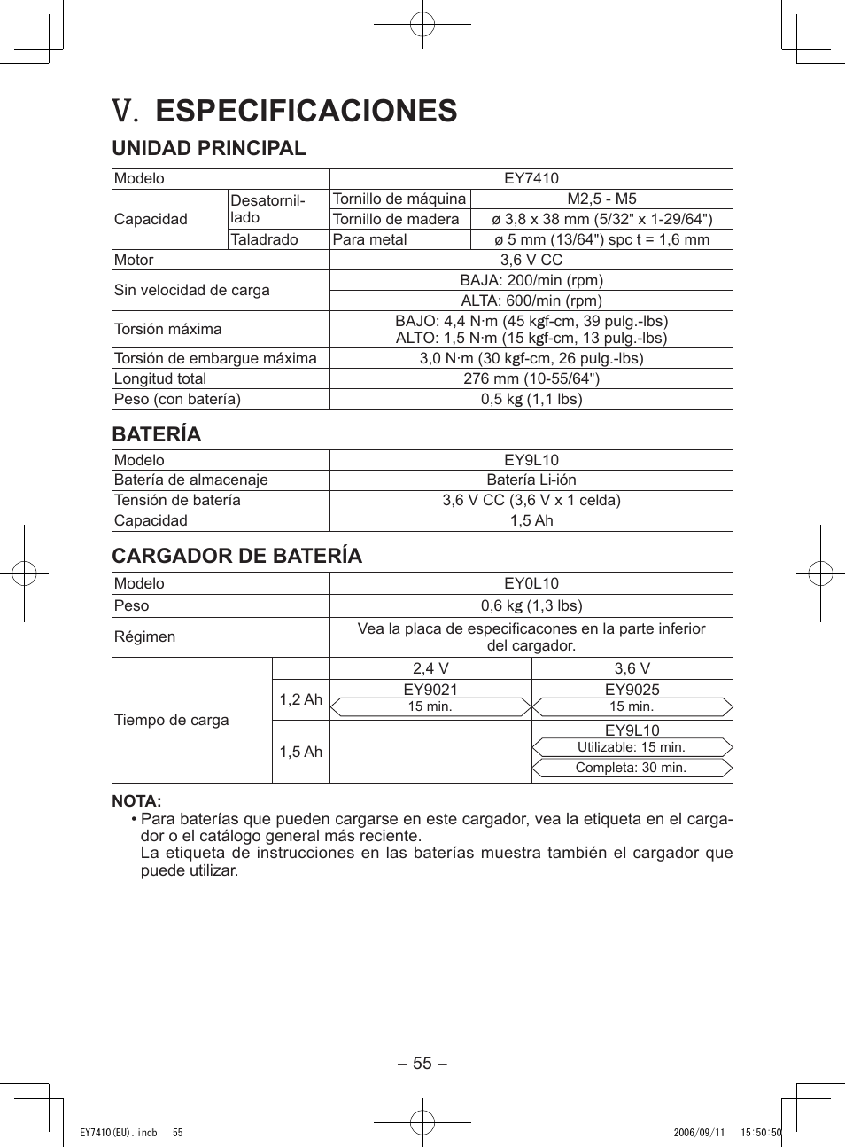Especificaciones, Unidad principal, Batería | Cargador de batería | Panasonic EY7410LA2S User Manual | Page 55 / 104