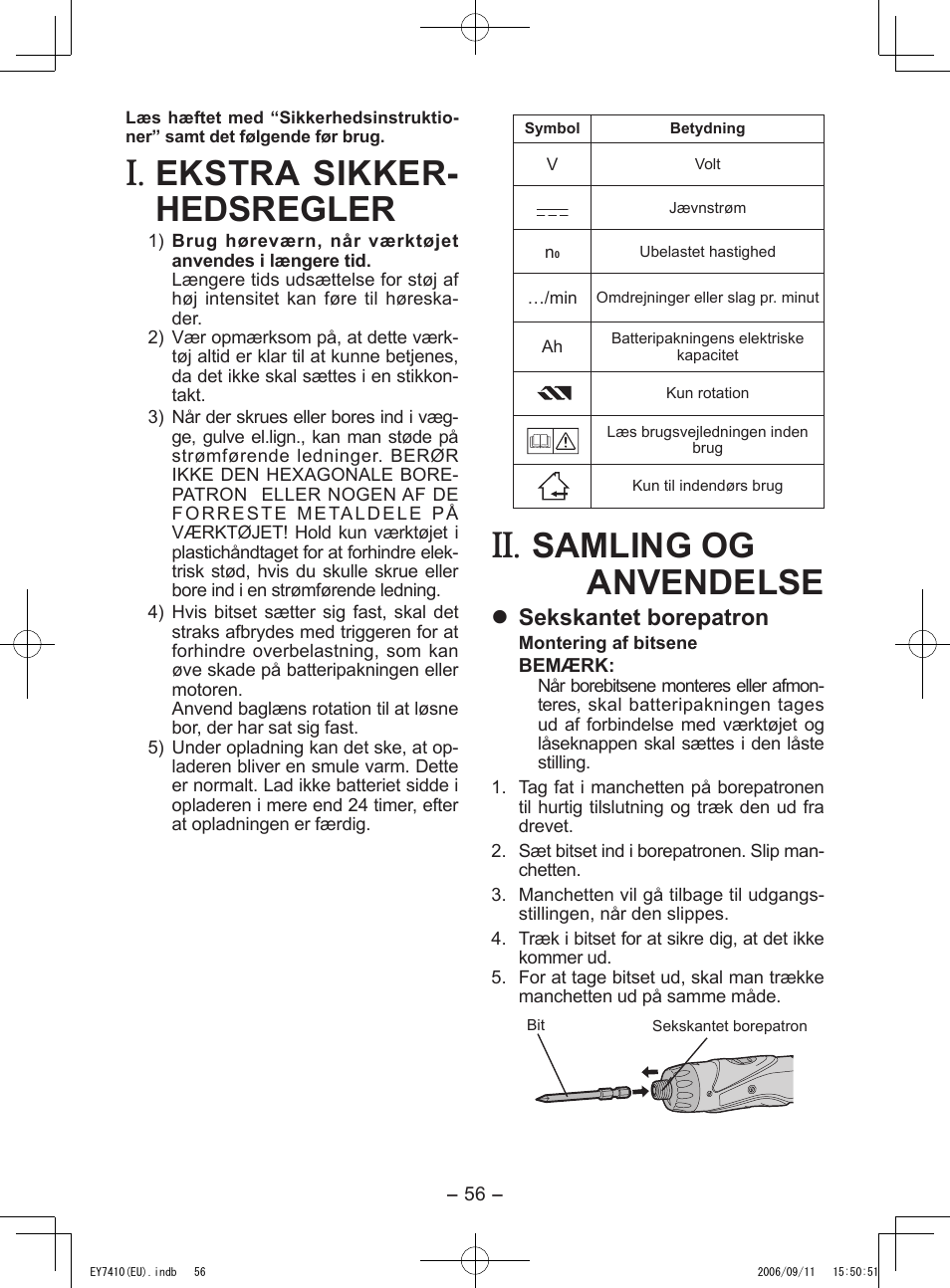 Ekstra sikker- hedsregler, Samling og anvendelse, Sekskantet borepatron | Panasonic EY7410LA2S User Manual | Page 56 / 104