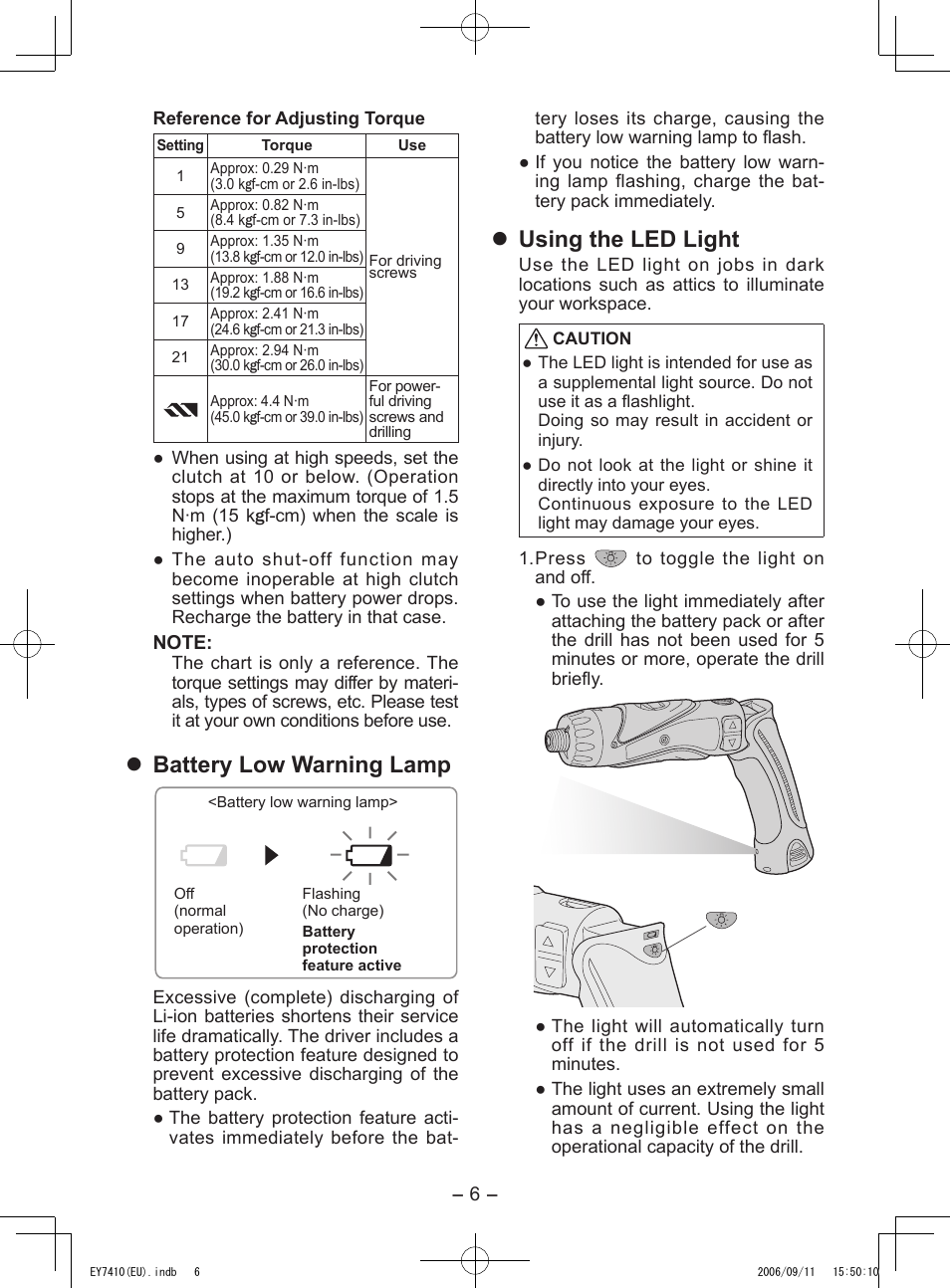 Battery low warning lamp, Using the led light | Panasonic EY7410LA2S User Manual | Page 6 / 104
