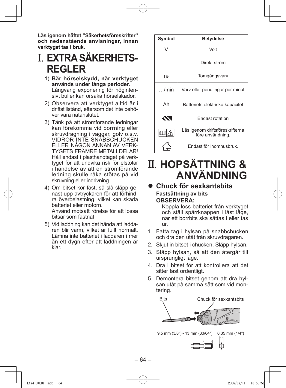 Extra säkerhets- regler, Hopsättning & användning, Chuck för sexkantsbits | Panasonic EY7410LA2S User Manual | Page 64 / 104