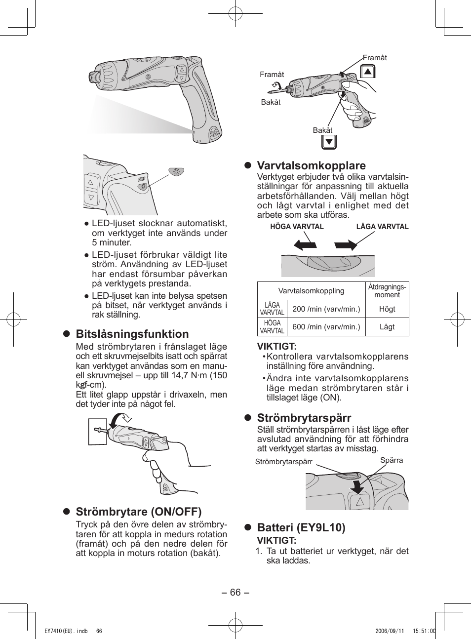 Bitslåsningsfunktion, Strömbrytare (on/off), Varvtalsomkopplare | Strömbrytarspärr, Batteri (ey9l10) | Panasonic EY7410LA2S User Manual | Page 66 / 104