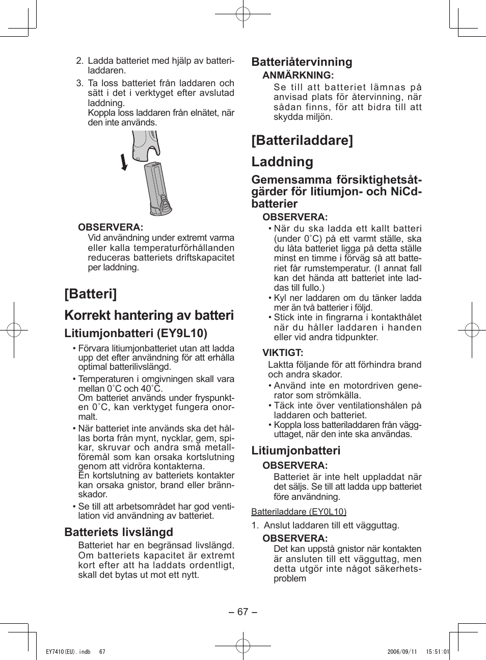 Batteri] korrekt hantering av batteri, Batteriladdare] laddning, Litiumjonbatteri (ey9l10) | Batteriets livslängd, Batteriåtervinning, Litiumjonbatteri | Panasonic EY7410LA2S User Manual | Page 67 / 104