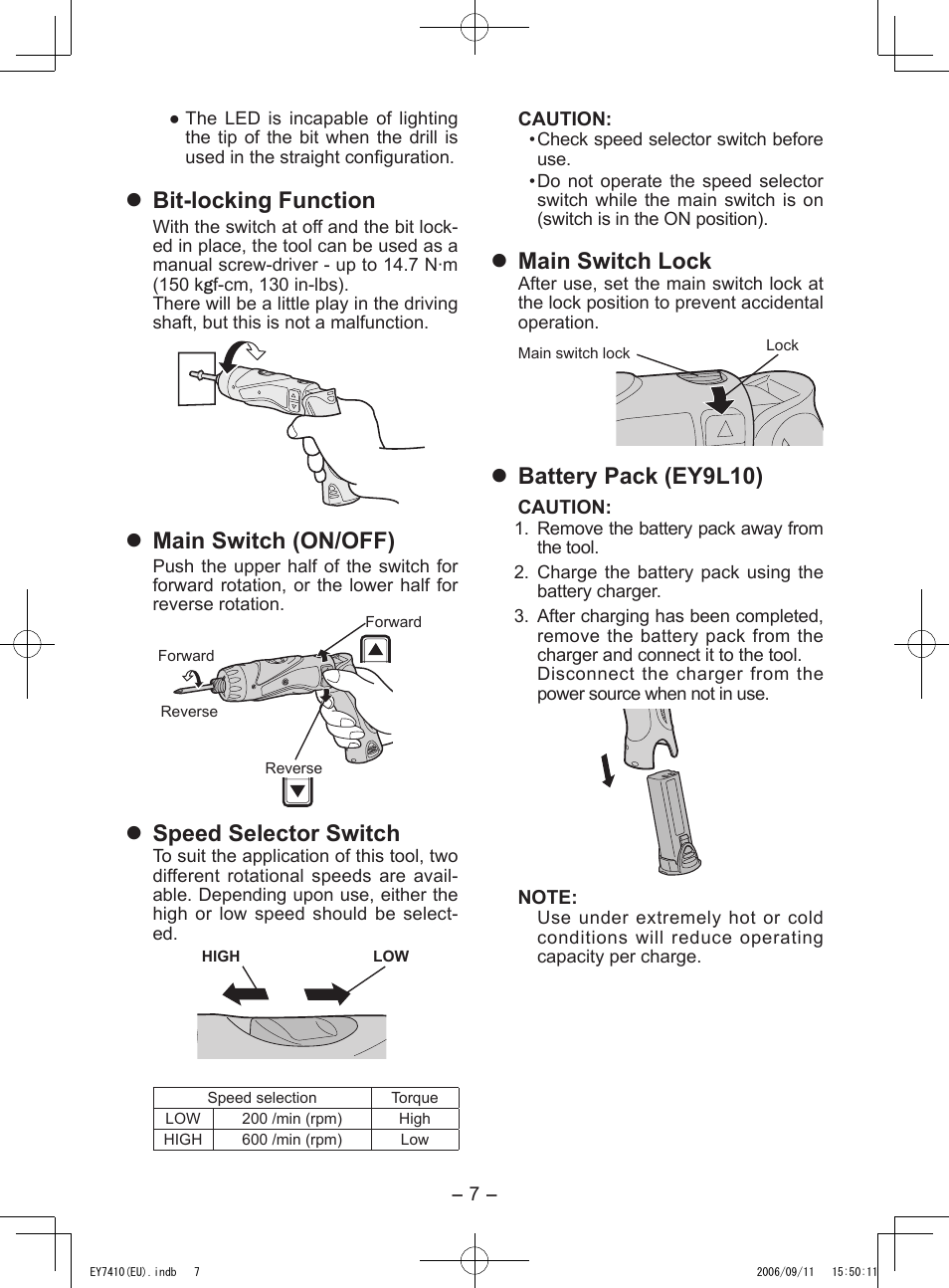 Bit-locking function, Main switch (on/off), Speed selector switch | Main switch lock, Battery pack (ey9l10) | Panasonic EY7410LA2S User Manual | Page 7 / 104