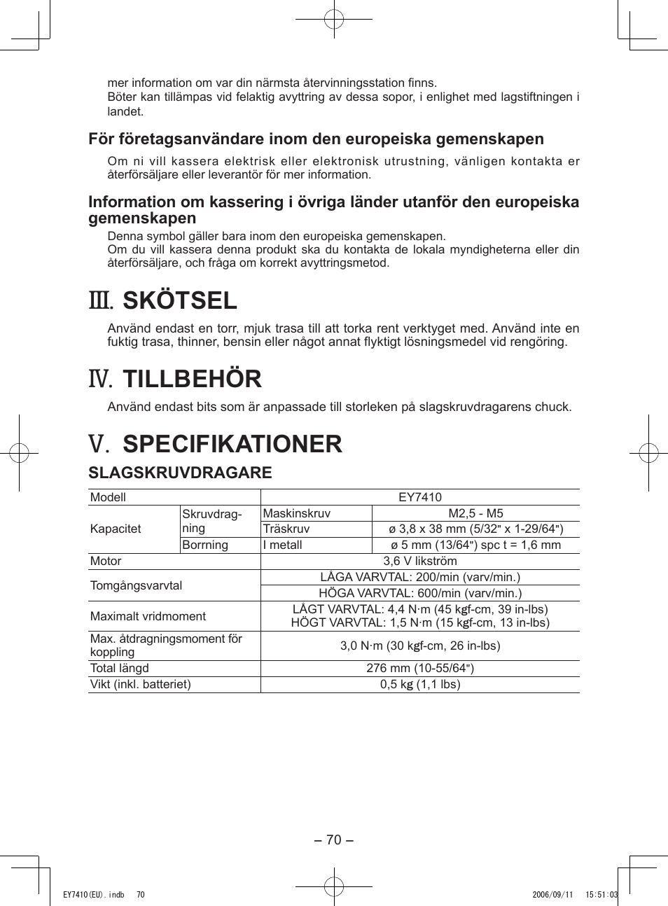 Skötsel, Tillbehör, Specifikationer | Panasonic EY7410LA2S User Manual | Page 70 / 104