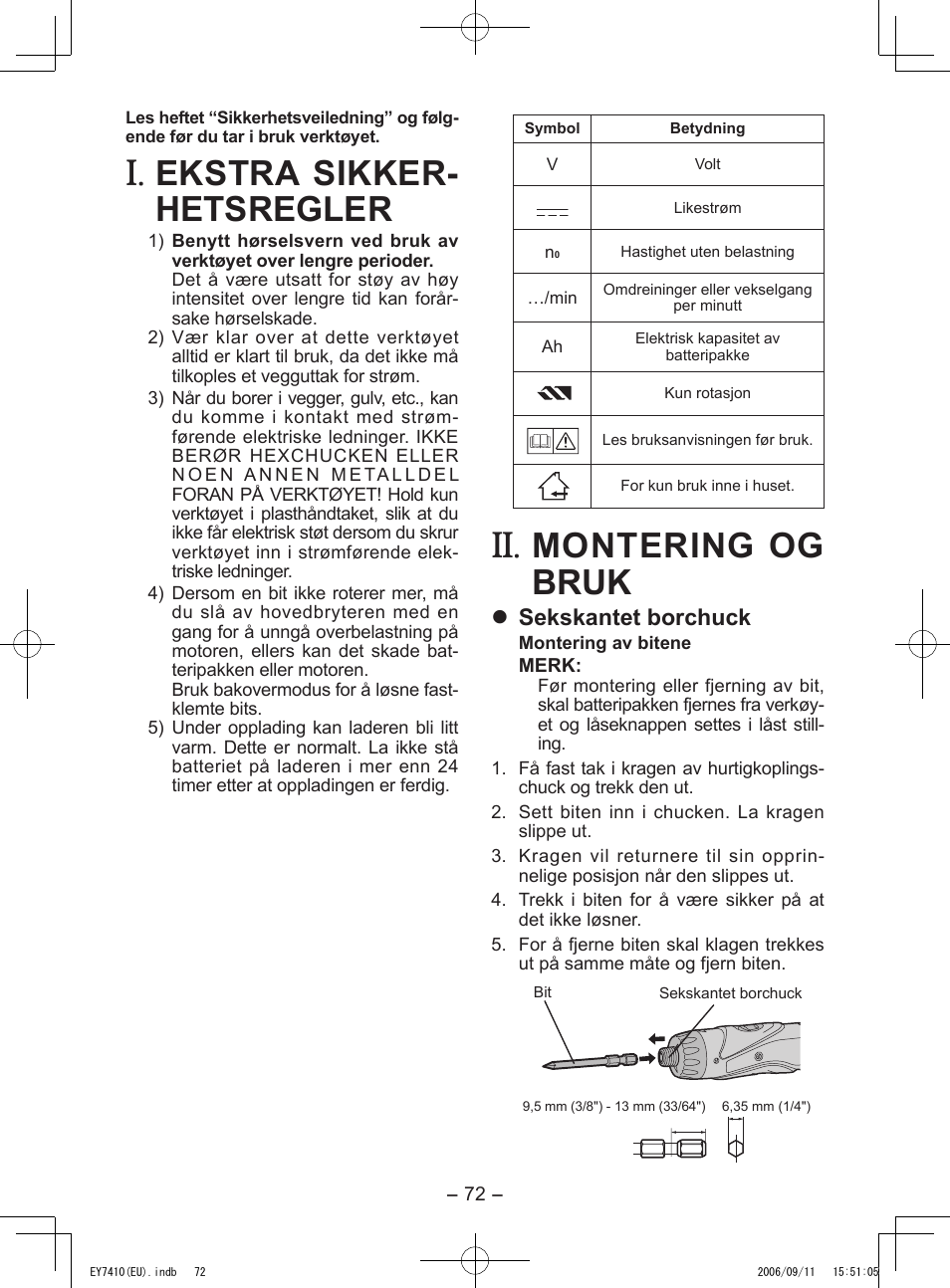 Ekstra sikker- hetsregler, Montering og bruk, Sekskantet borchuck | Panasonic EY7410LA2S User Manual | Page 72 / 104