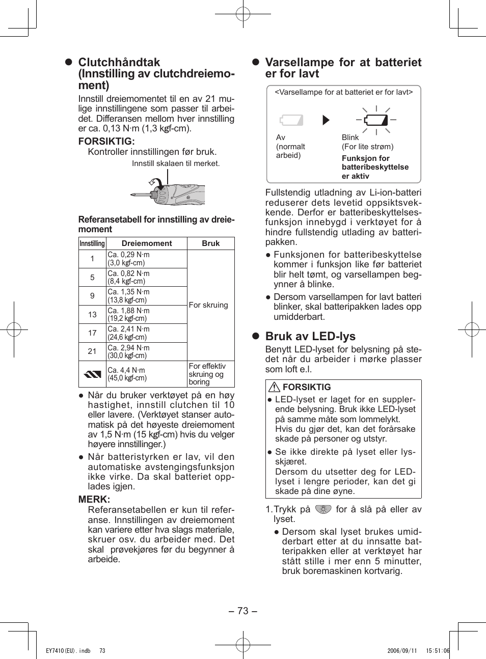 Clutchhåndtak (innstilling av clutchdreiemo- ment), Varsellampe for at batteriet er for lavt, Bruk av led-lys | Panasonic EY7410LA2S User Manual | Page 73 / 104
