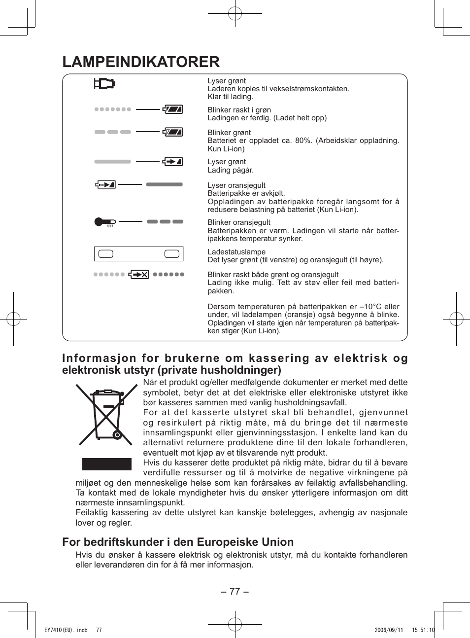 Lampeindikatorer, For bedriftskunder i den europeiske union | Panasonic EY7410LA2S User Manual | Page 77 / 104