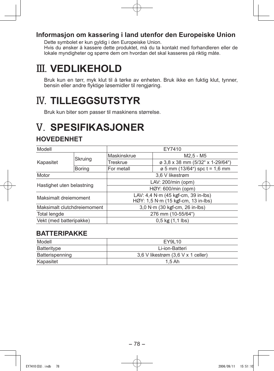Vedlikehold, Tilleggsutstyr, Spesifikasjoner | Panasonic EY7410LA2S User Manual | Page 78 / 104