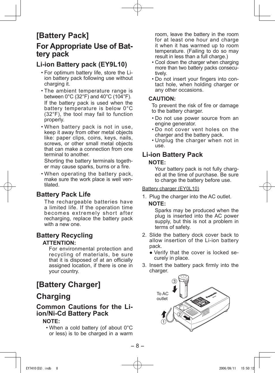 Battery charger] charging, Li-ion battery pack (ey9l10), Battery pack life | Battery recycling, Common cautions for the li- ion/ni-cd battery pack, Li-ion battery pack | Panasonic EY7410LA2S User Manual | Page 8 / 104