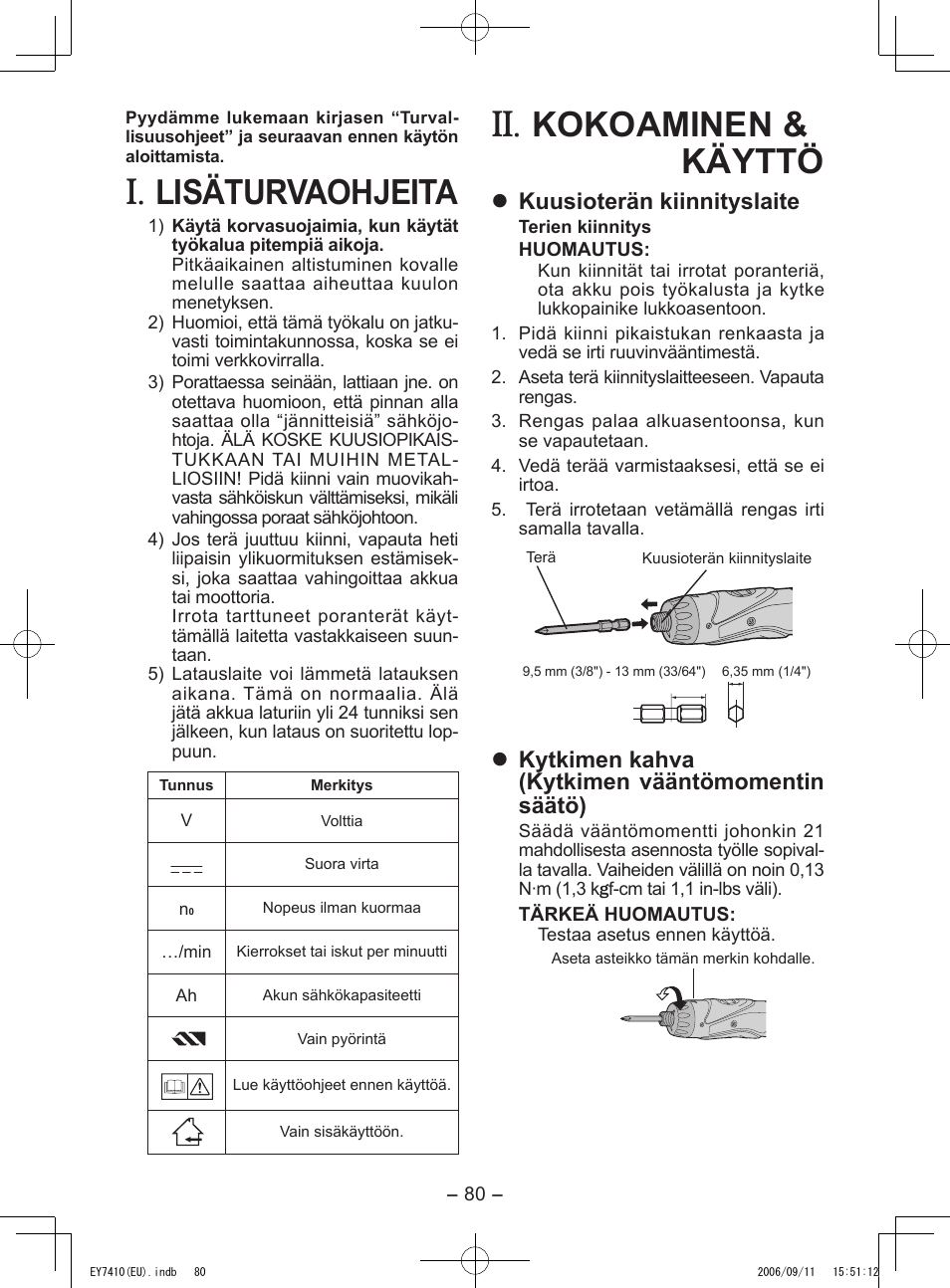Lisäturvaohjeita, Kokoaminen & käyttö, Kuusioterän kiinnityslaite | Kytkimen kahva (kytkimen vääntömomentin säätö) | Panasonic EY7410LA2S User Manual | Page 80 / 104