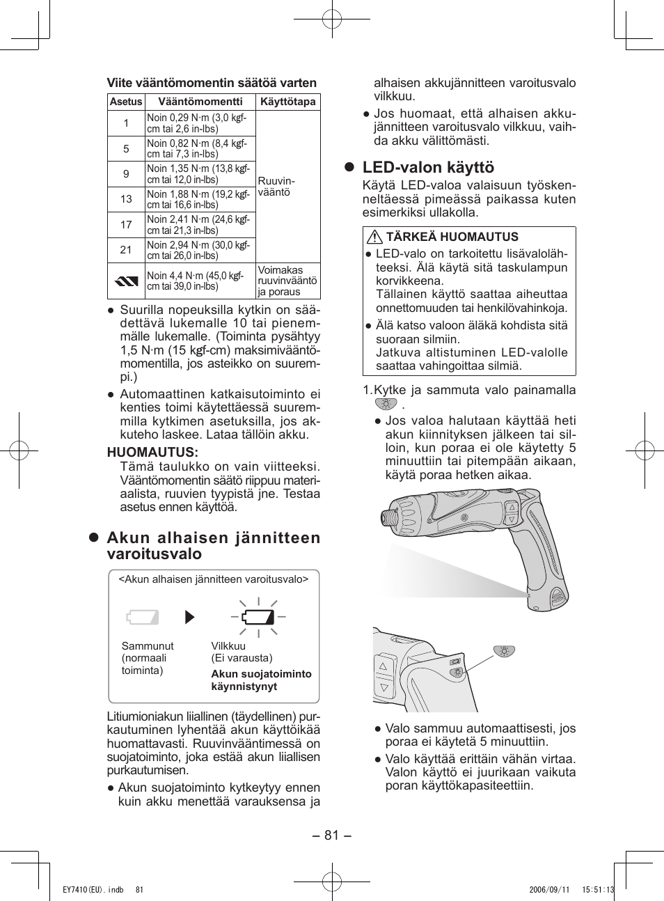 Akun alhaisen jännitteen varoitusvalo, Led-valon käyttö | Panasonic EY7410LA2S User Manual | Page 81 / 104