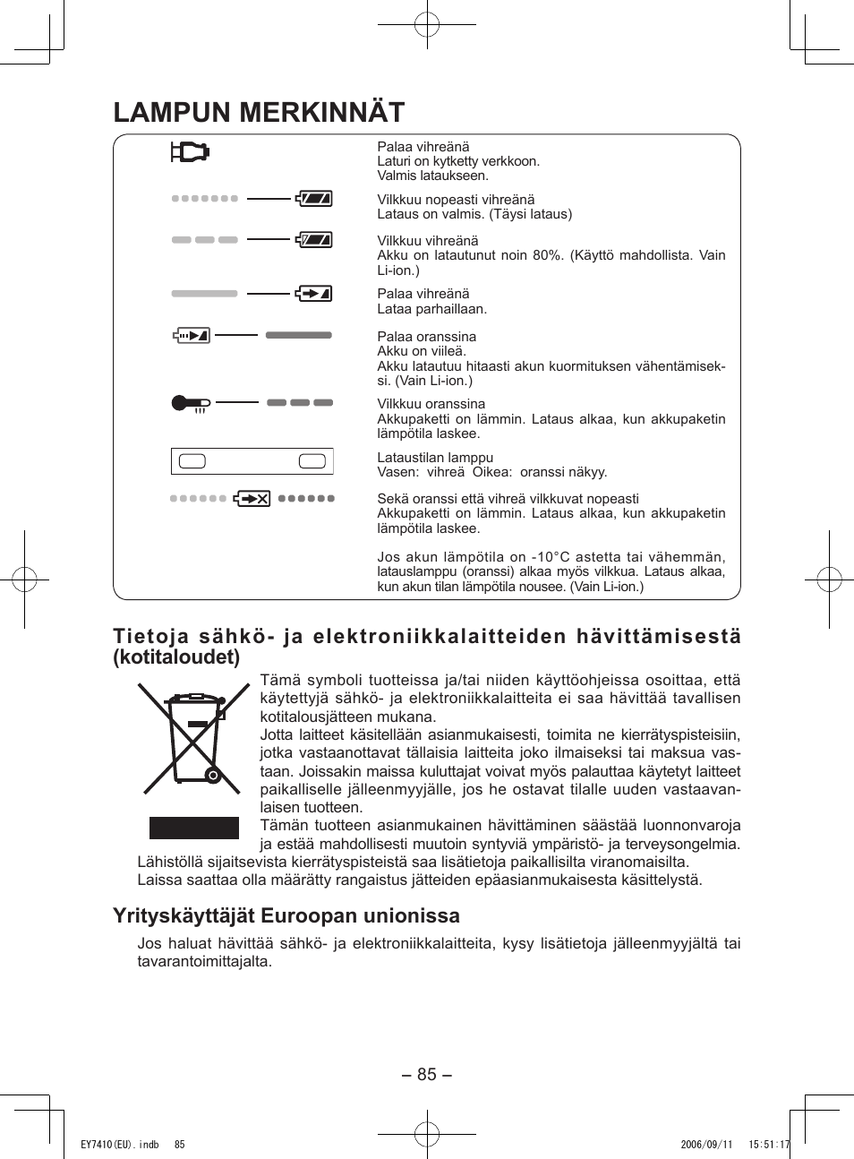 Lampun merkinnät, Yrityskäyttäjät euroopan unionissa | Panasonic EY7410LA2S User Manual | Page 85 / 104