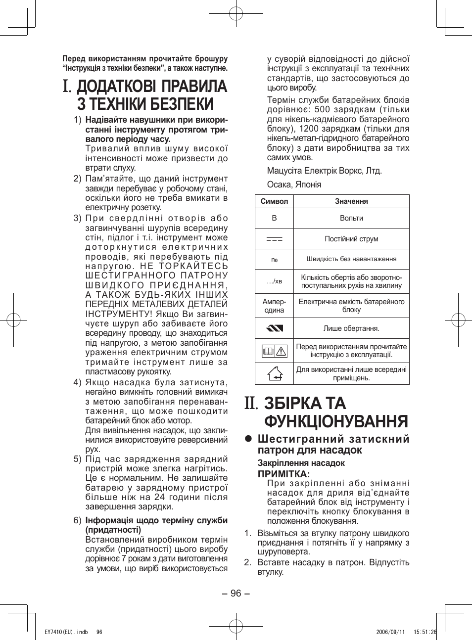 Додаткові правила з техніки безпеки, Збірка та функціонування, Шестигранний затискний патрон для насадок | Panasonic EY7410LA2S User Manual | Page 96 / 104