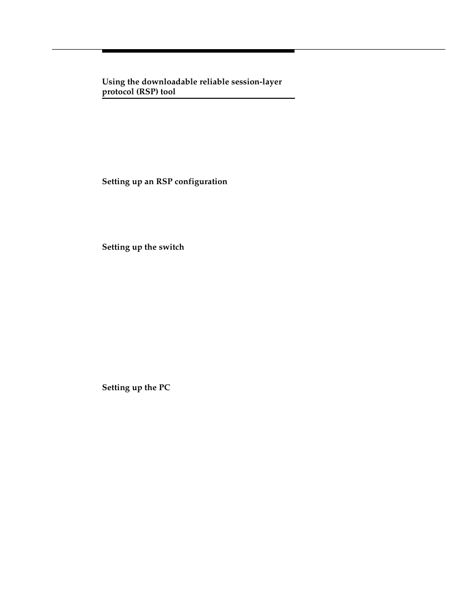 Setting up an rsp configuration, Setting up the switch, Setting up the pc | Using the downloadable reliable session-layer, Protocol (rsp) tool, Using | Avaya 555-233-116 User Manual | Page 115 / 246