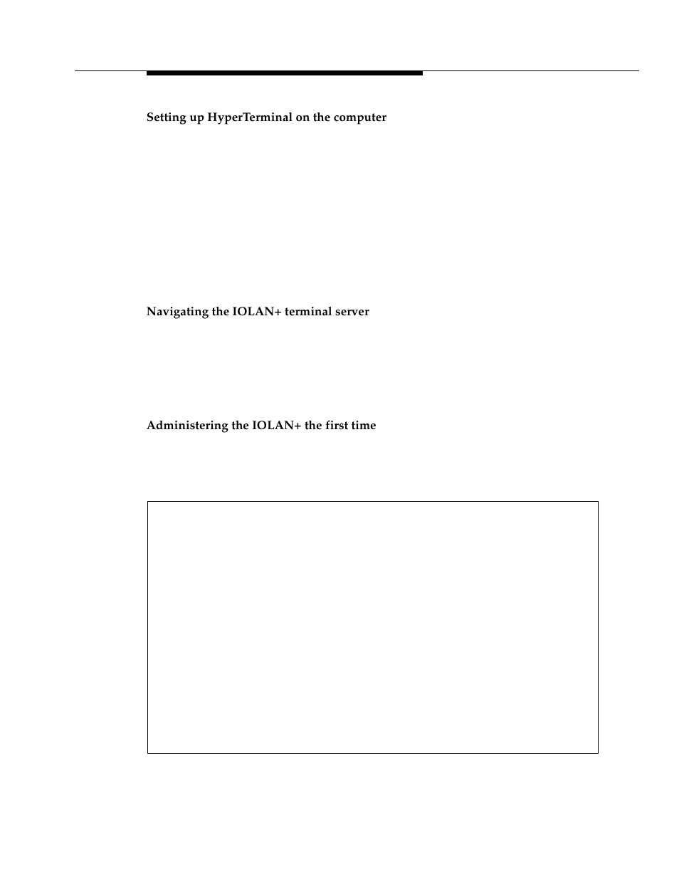 Setting up hyperterminal on the computer, Navigating the iolan+ terminal server, Administering the iolan+ the first time | Avaya 555-233-116 User Manual | Page 125 / 246