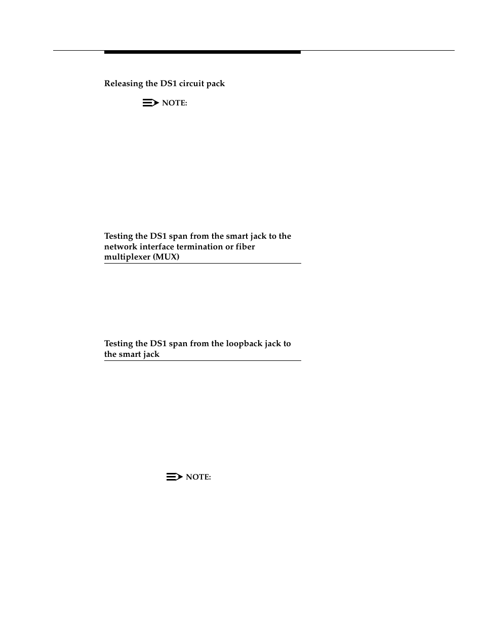 Releasing the ds1 circuit pack, Testing the ds1 span from the smart jack to the, Testing the ds1 span from the loopback jack to | The smart jack | Avaya 555-233-116 User Manual | Page 143 / 246