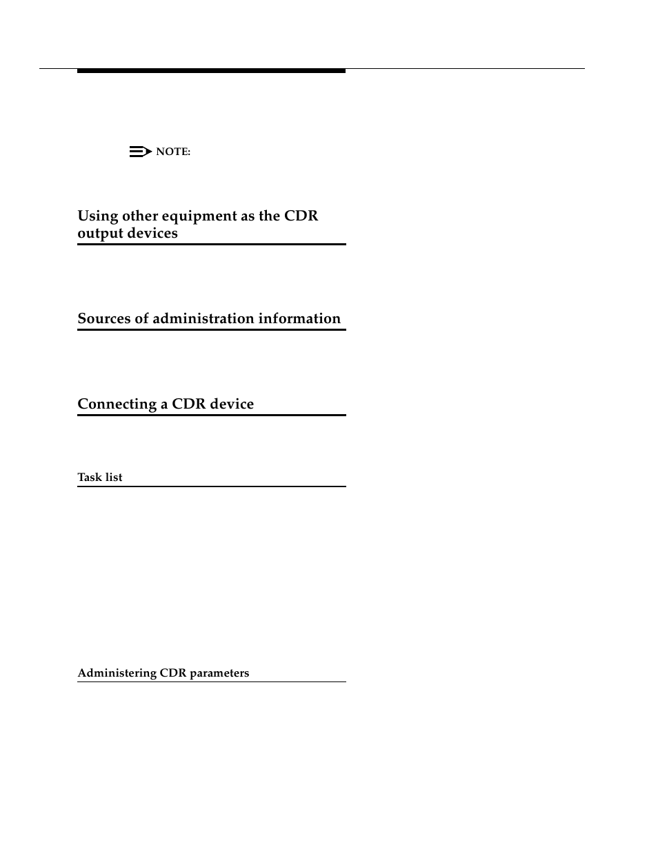 Using other equipment as the cdr output devices, Sources of administration information, Connecting a cdr device | Task list, Administering cdr parameters | Avaya 555-233-116 User Manual | Page 174 / 246