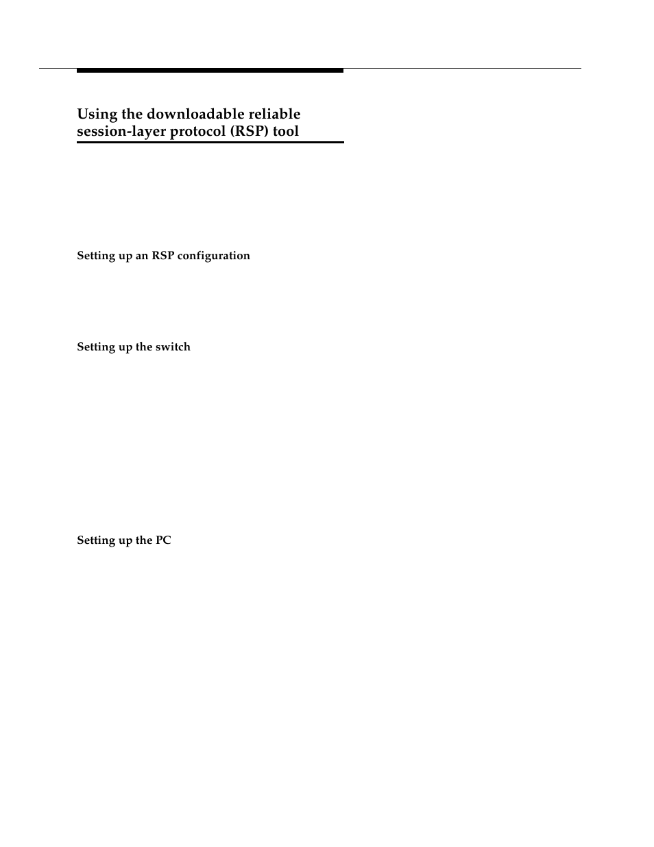 Setting up an rsp configuration, Setting up the switch, Setting up the pc | Using the downloadable reliable, Session-layer protocol (rsp) tool, Using | Avaya 555-233-116 User Manual | Page 176 / 246