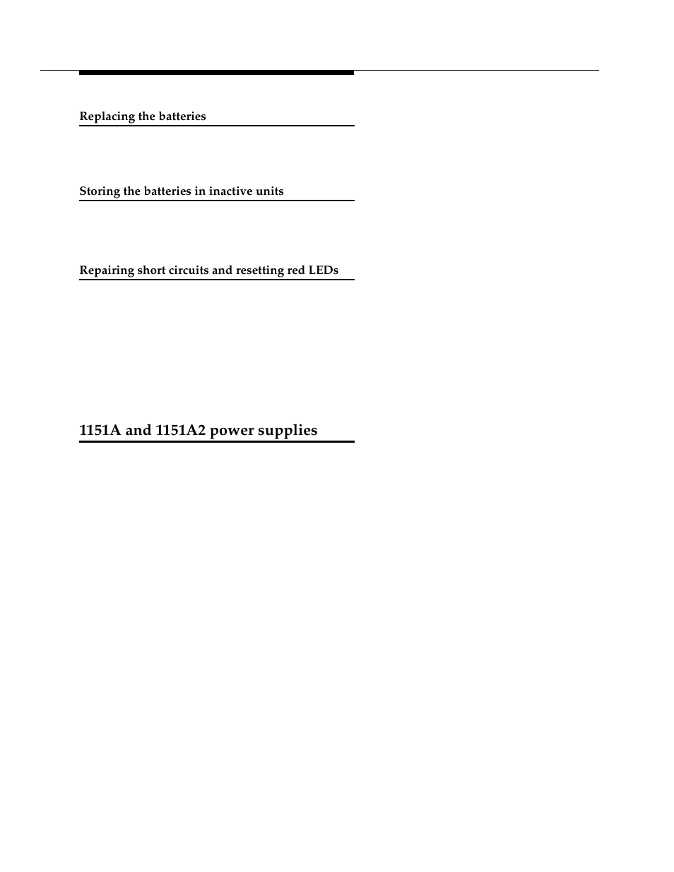 Replacing the batteries, Storing the batteries in inactive units, Repairing short circuits and resetting red leds | 1151a and 1151a2 power supplies, Repairing short circuits and | Avaya 555-233-116 User Manual | Page 40 / 246
