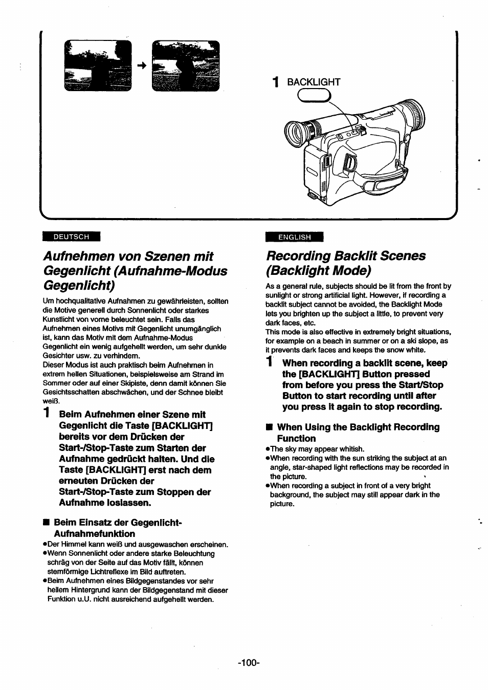 Recording backlit scenes (backlight mode) | Panasonic NVSX30EG User Manual | Page 100 / 146