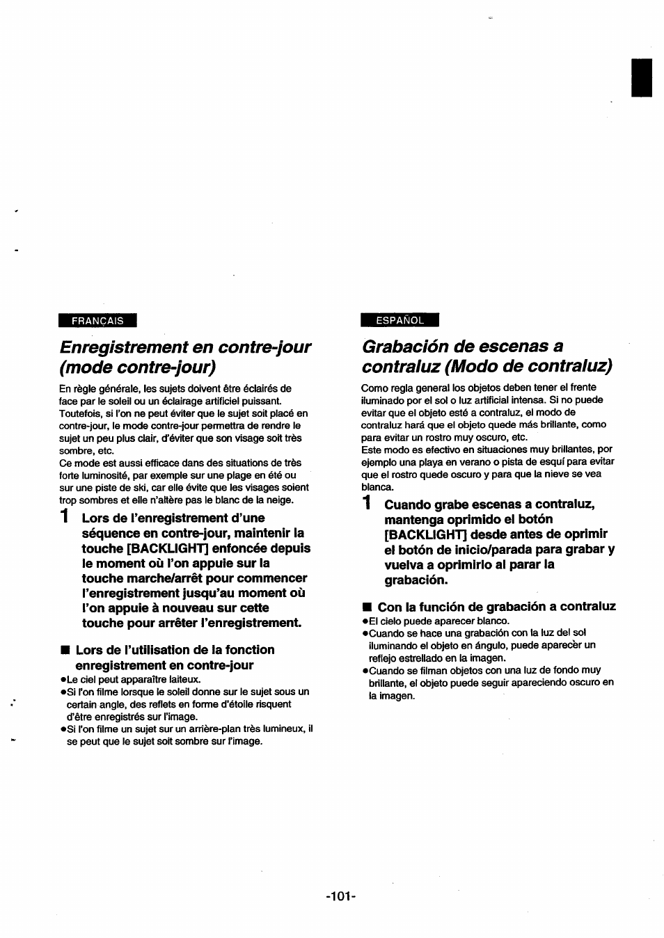 Enregistrement en contre-jour (mode contre-jour) | Panasonic NVSX30EG User Manual | Page 101 / 146