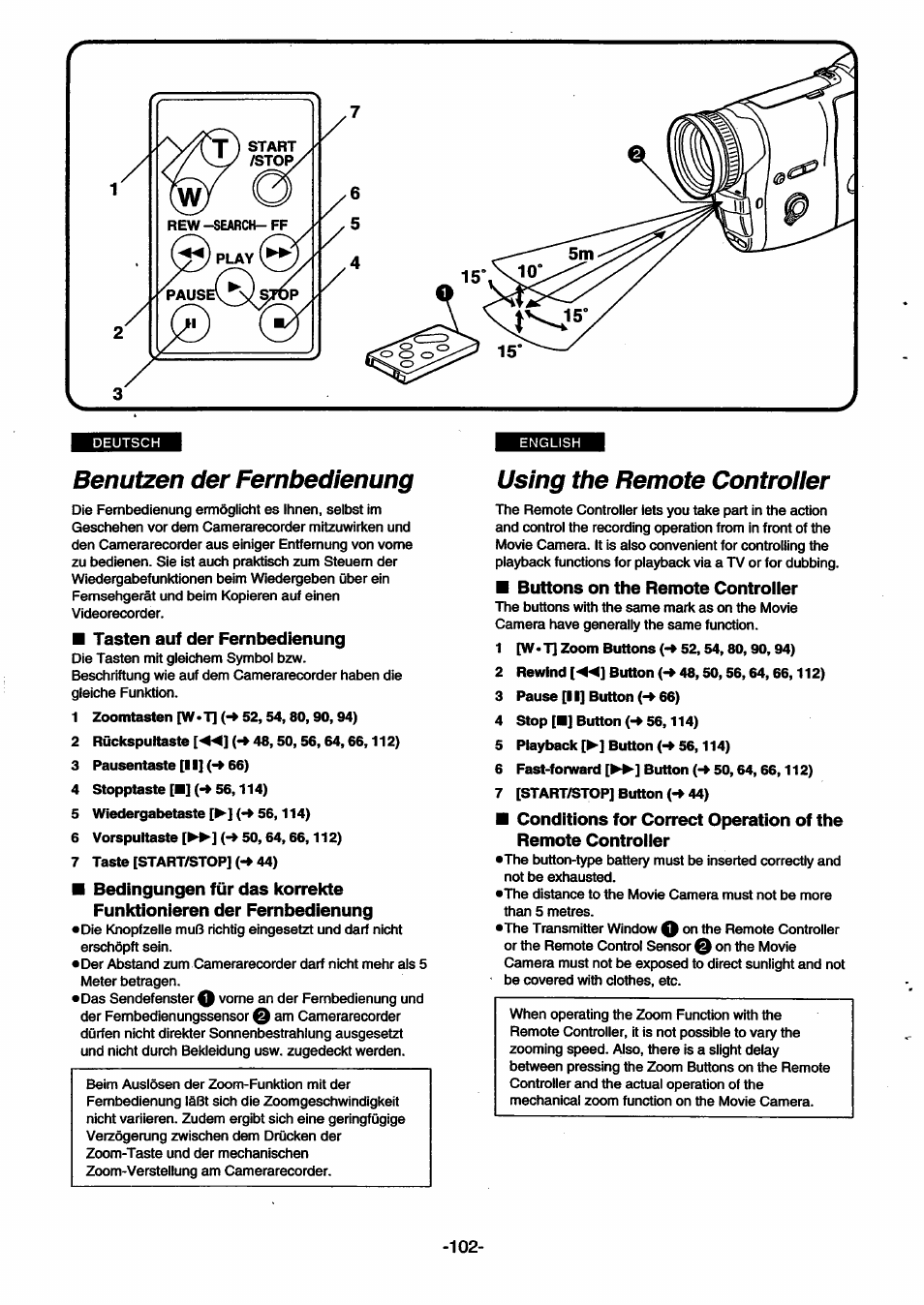 Benutzen der fernbedienung, Tasten auf der fernbedienung, 1 zoomtasten [w*t|(-»52,54,80,90,94) | 2 rückspukaste [^] {•* 48,50,56,64,66,112), 3 pausentaste [ii] (-» 66), 4 stopptaste [■] (-» 56,114), 5 wiedergabetaste [^] (*^ 56,114), 6 vorspultaste [►►](-» 50,64,66,112), 7 taste [start/stop] (-♦ 44), Using the remote controiier | Panasonic NVSX30EG User Manual | Page 102 / 146