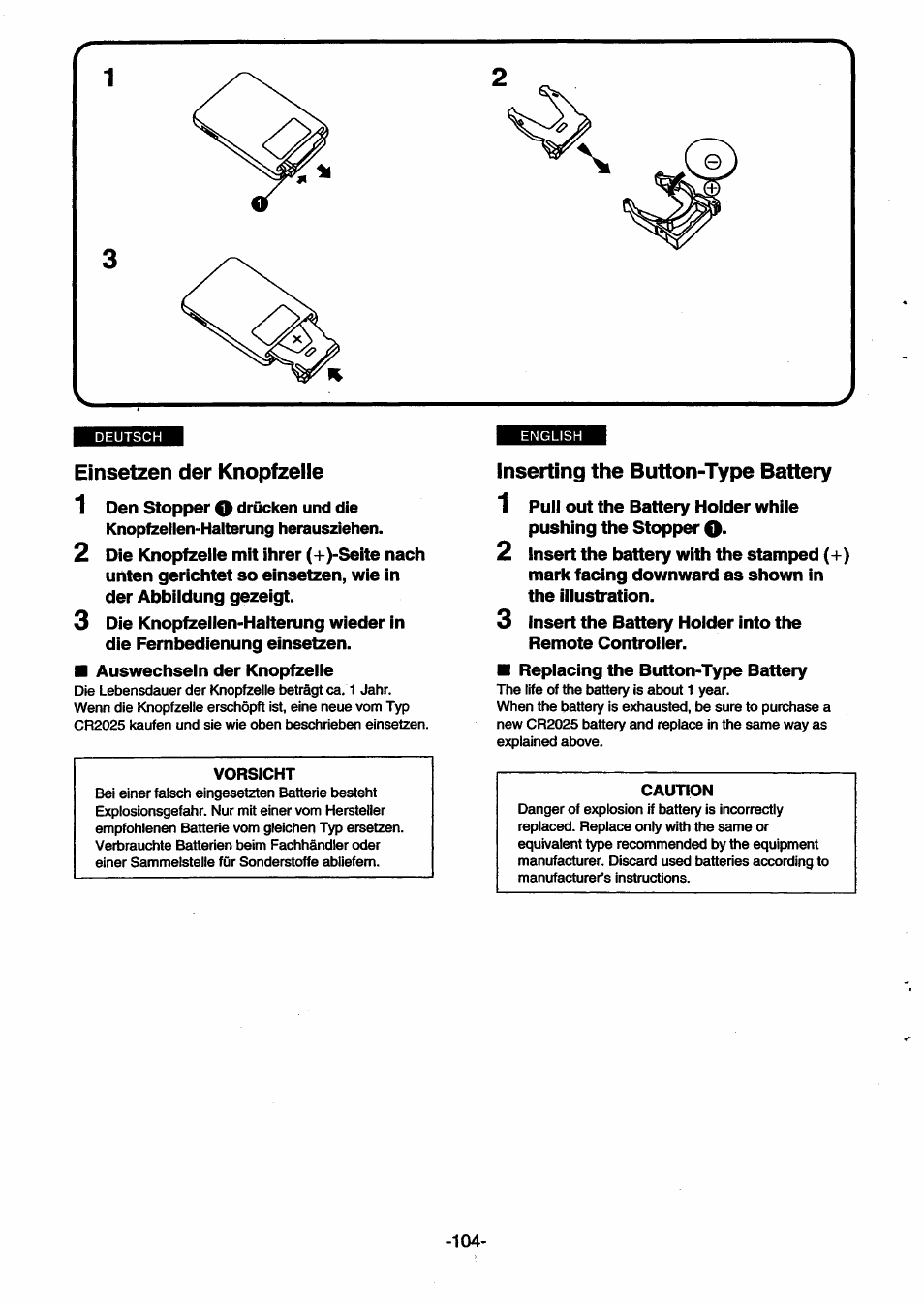 Einsetzen der knopfzelle, Inserting the button-type battery, Einsetzen der knopfzeile | Panasonic NVSX30EG User Manual | Page 104 / 146
