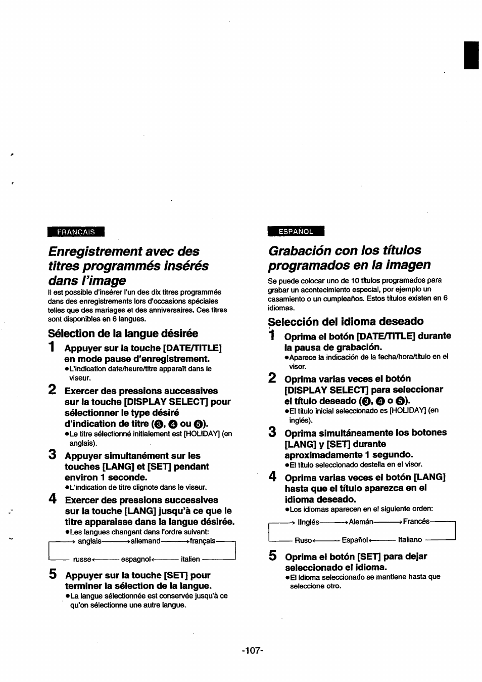 Sélection de la langue désirée, Grabación con ios títuios programados en ia imagen, Selección dei idioma deseado | Selección del idioma deseado | Panasonic NVSX30EG User Manual | Page 107 / 146