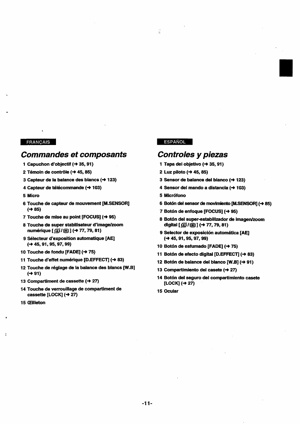 Commandes et composants, Controles у piezas, Controles y piezas | Panasonic NVSX30EG User Manual | Page 11 / 146