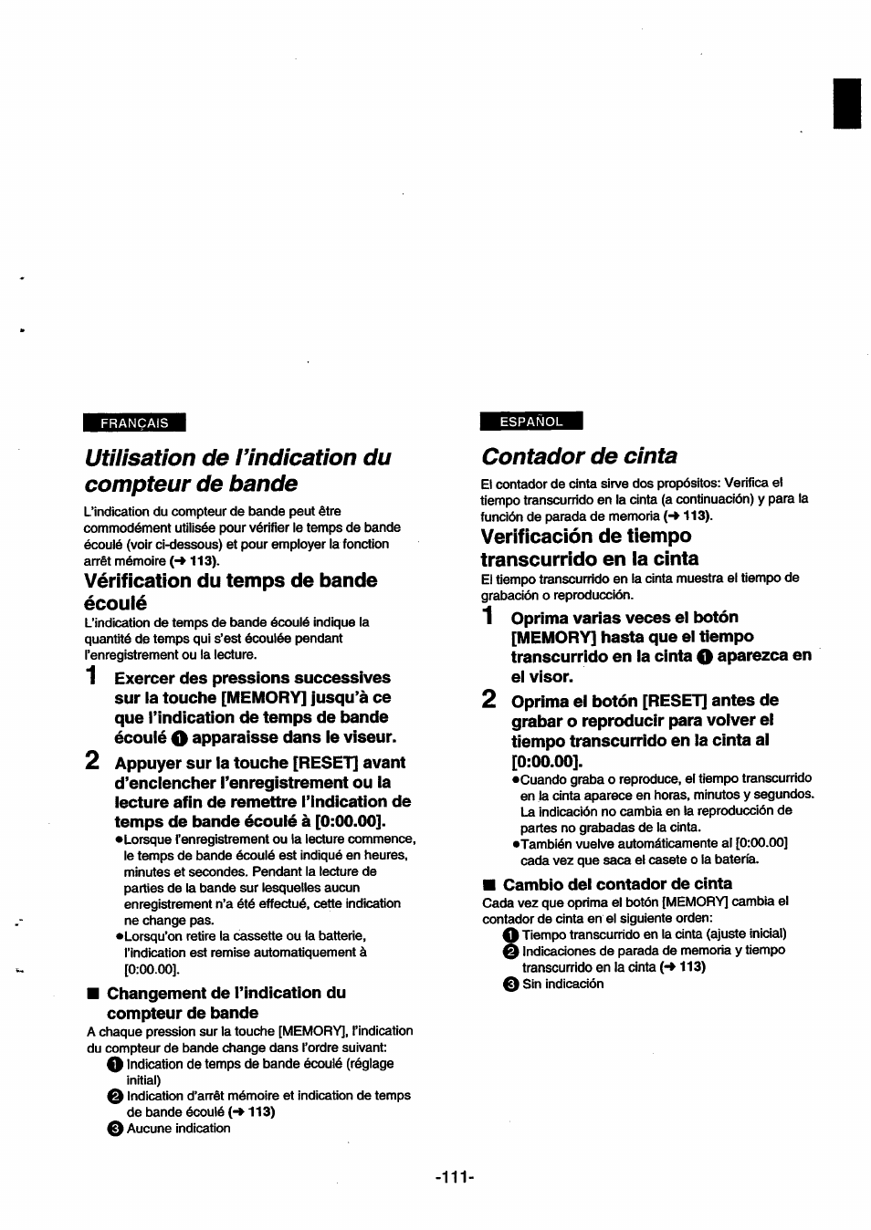 Utilisation de rindication du compteur de bande, Vérification du temps de bande écouié, Contador de cinta | Verificación de tiempo transcurrido en ia cinta, Vérification du temps de bande écoulé | Panasonic NVSX30EG User Manual | Page 111 / 146